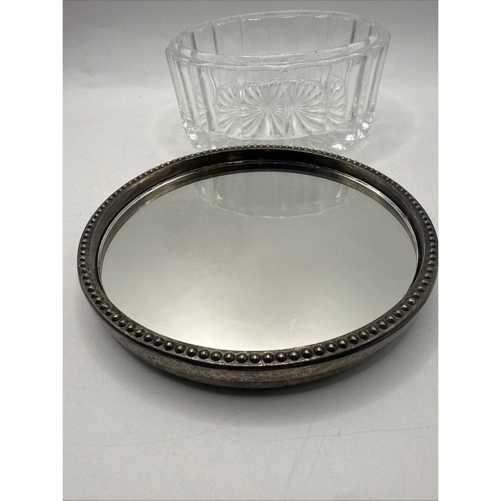 VINTAGE  CRYSTAL POWDER JAR w SILVER LID Vanity Dresser w Mirror